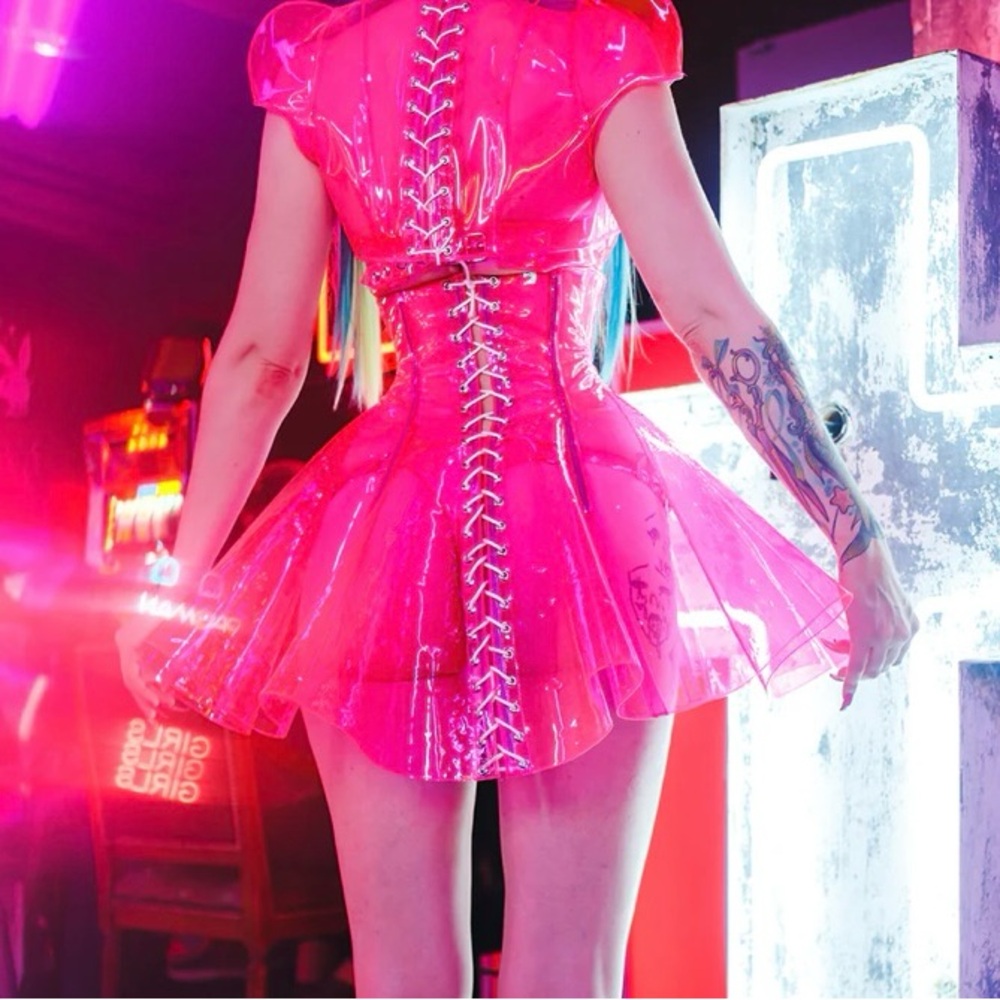 Vibrant Pink Lace-Up Dress, Bra and Accessories